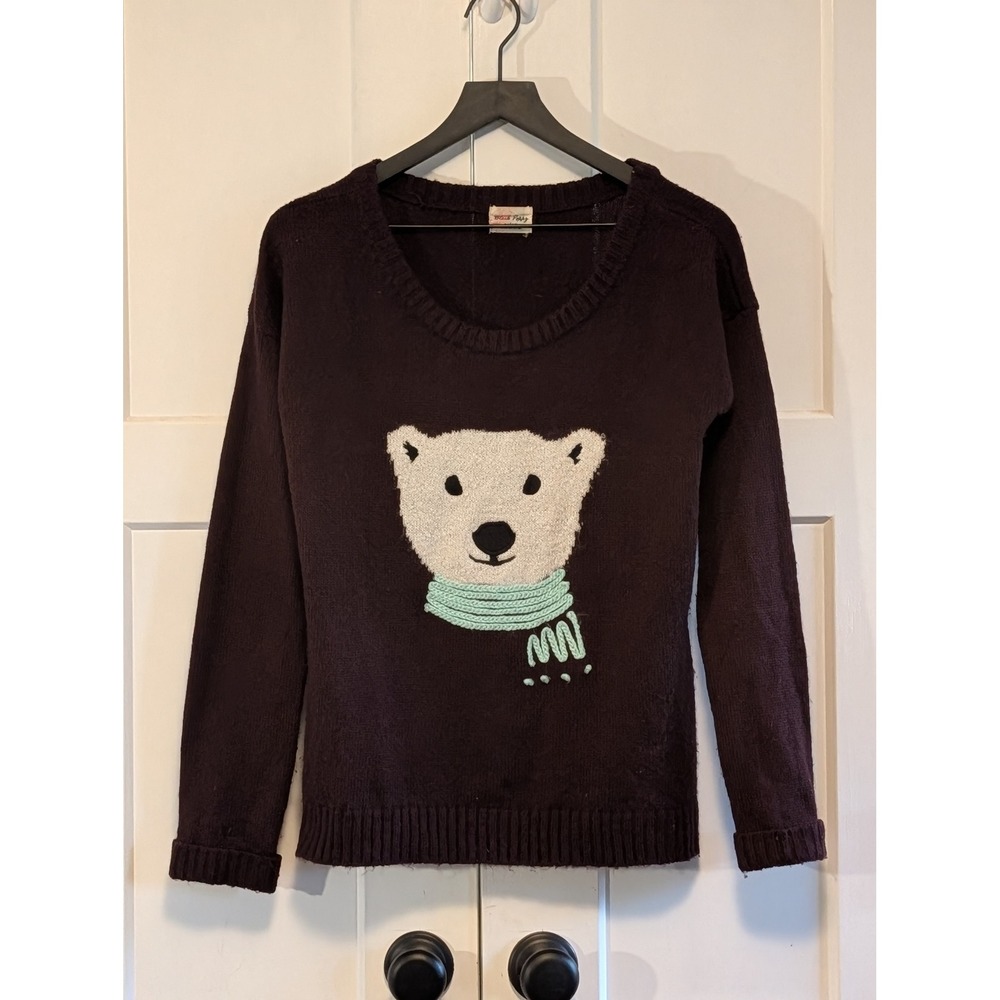 Black Poppy Polar Bear Sweater Womens Medium Brown Embroidered Winter Holiday